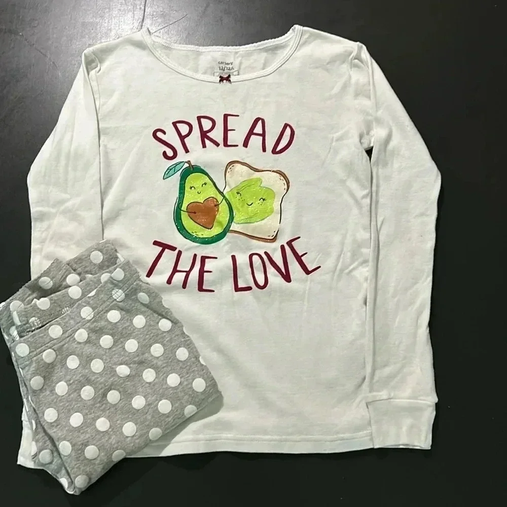 Carters girls size 12 pajama set, long sleeve top & pants white/gray comfy EUC